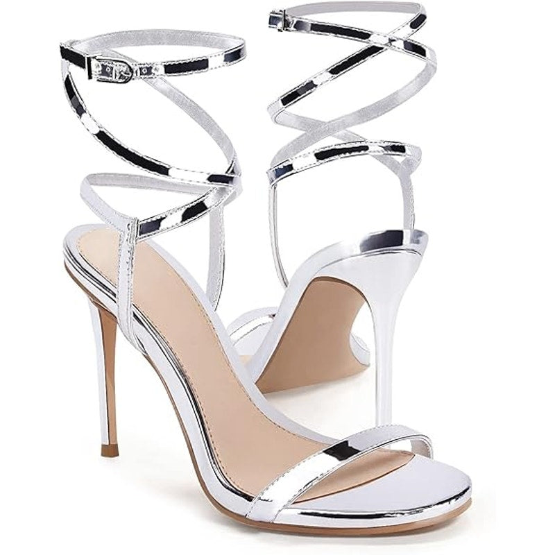Coutgo Womens Size 9 Silver 4.75" Heels Open Round Toe Strappy Ankle Shoes