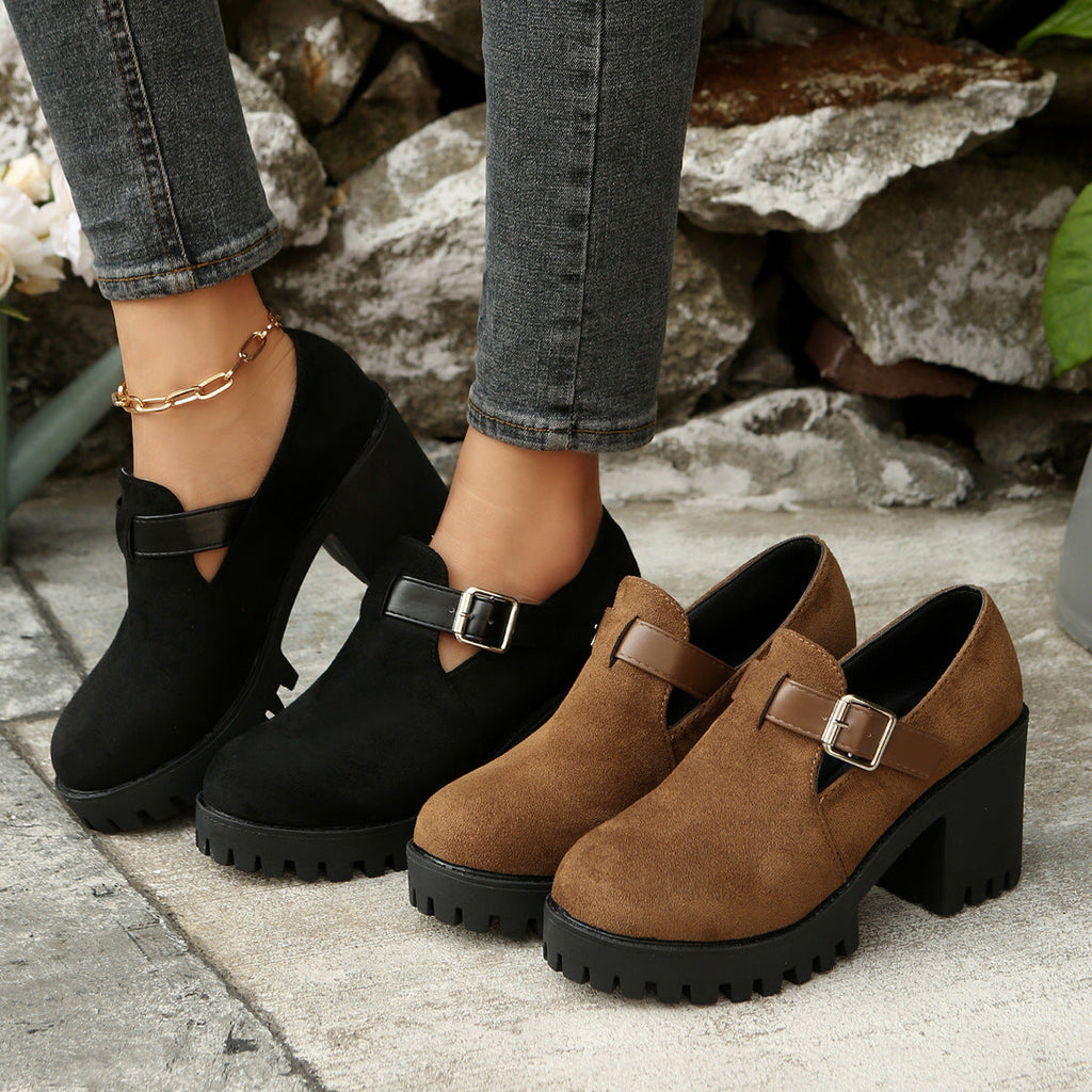 Women's Chunky Suede High Heels - Round Toe Block Heel Pumps