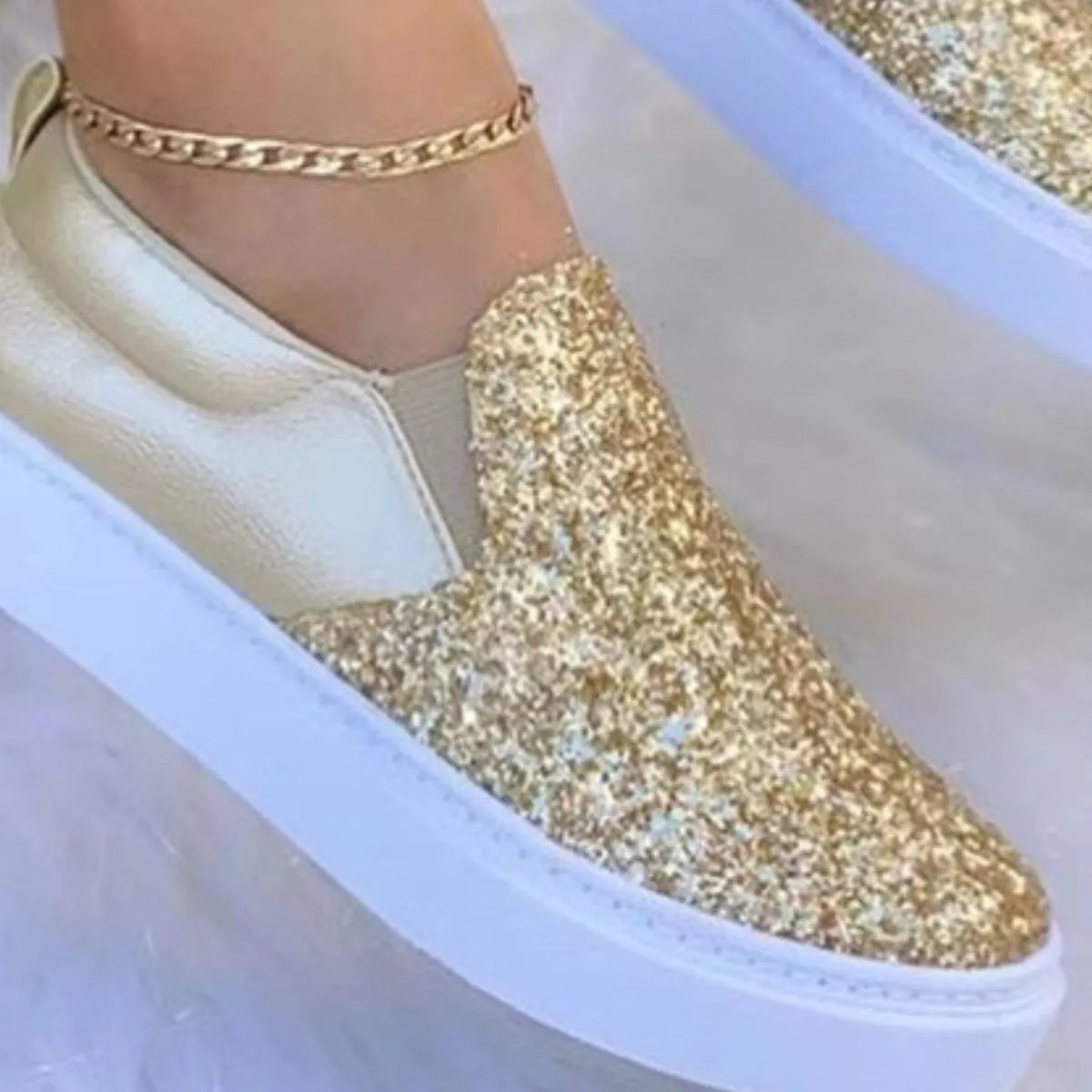 Women's Sequin Platform Slip-On Flats | Sparkle Round Toe Shoes
