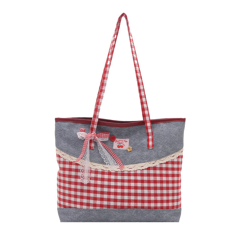 Korean Lace-Trim Color-Block Plaid Tote Bag