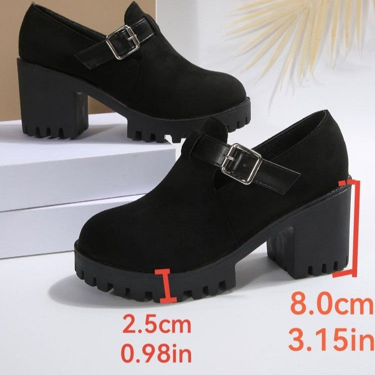 Women's Chunky Suede High Heels - Round Toe Block Heel Pumps