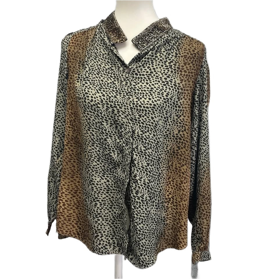 FYLO Womens Medium Cheetah Print Long Sleeve Beaded Collar Button Up Top