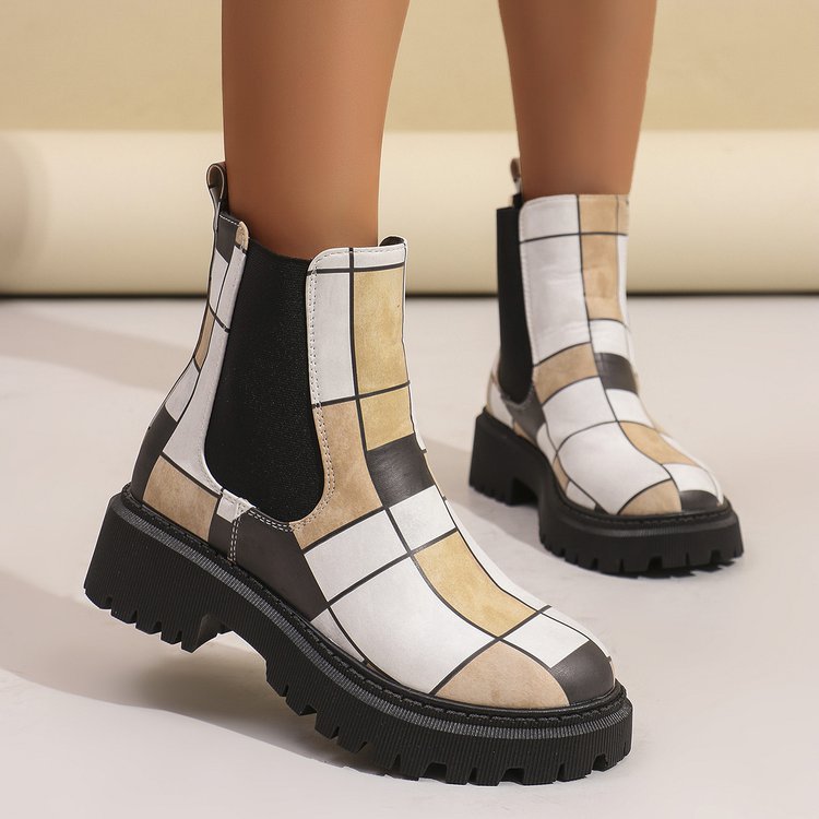 Women's Color Block Mid-Calf Boots - High Heel Slip-On Shaft Boots