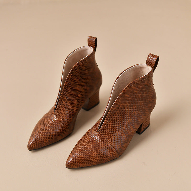 Women's Chunky Heel Martin Ankle Boots – Pointed Toe V-Cut Slip-On