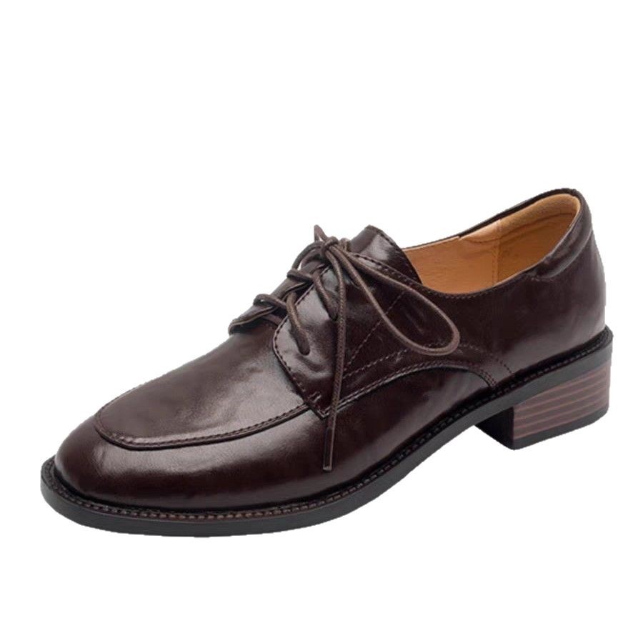 Women's Round Toe Chunky Heel Leather Loafers | Cowhide Upper Buckle Shoes