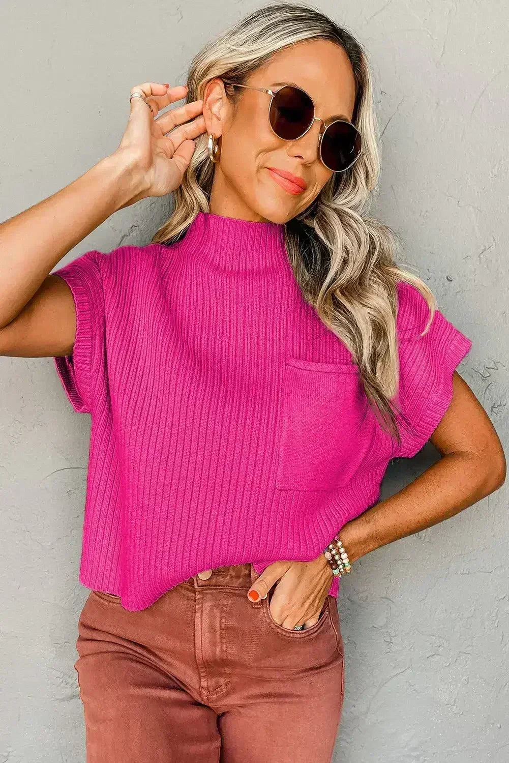 Mineral Red Patch Pocket Ribbed Knit Short Sleeve Sweater