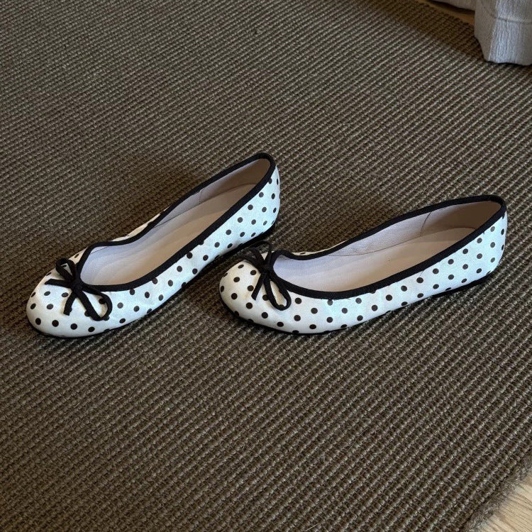 Women's Polka-Dot Bowtie Flat Shoes - Satin Round Toe Slip-On Flats