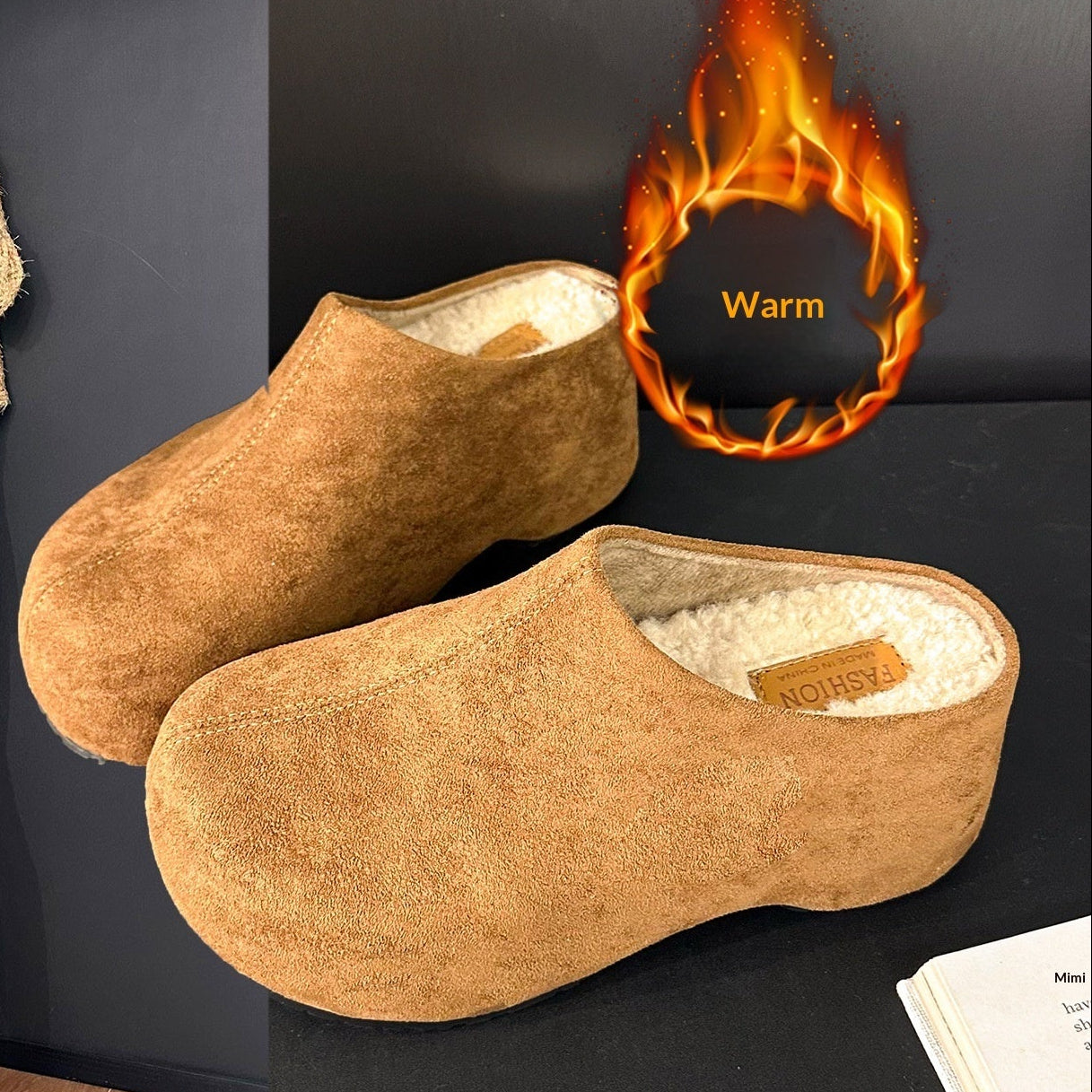 Women's Round-Toe Chunky Heel Platform Half Slippers | Faux Fur Lined Suede Mule Shoes