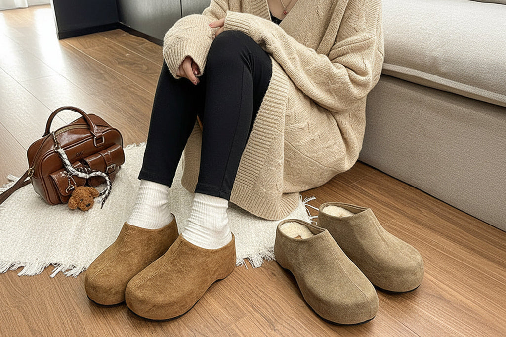 Women's Round-Toe Chunky Heel Platform Half Slippers | Faux Fur Lined Suede Mule Shoes