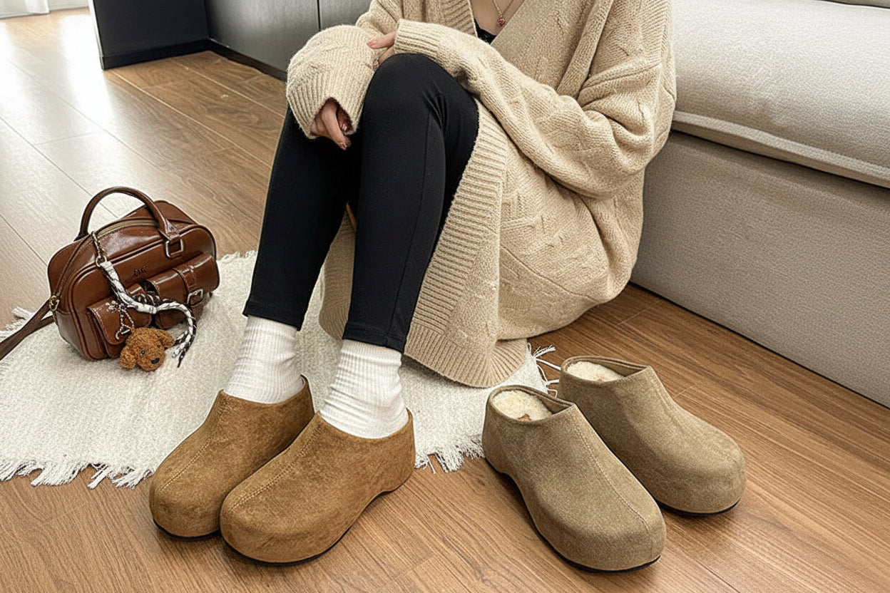 Women's Round-Toe Chunky Heel Platform Half Slippers | Faux Fur Lined Suede Mule Shoes