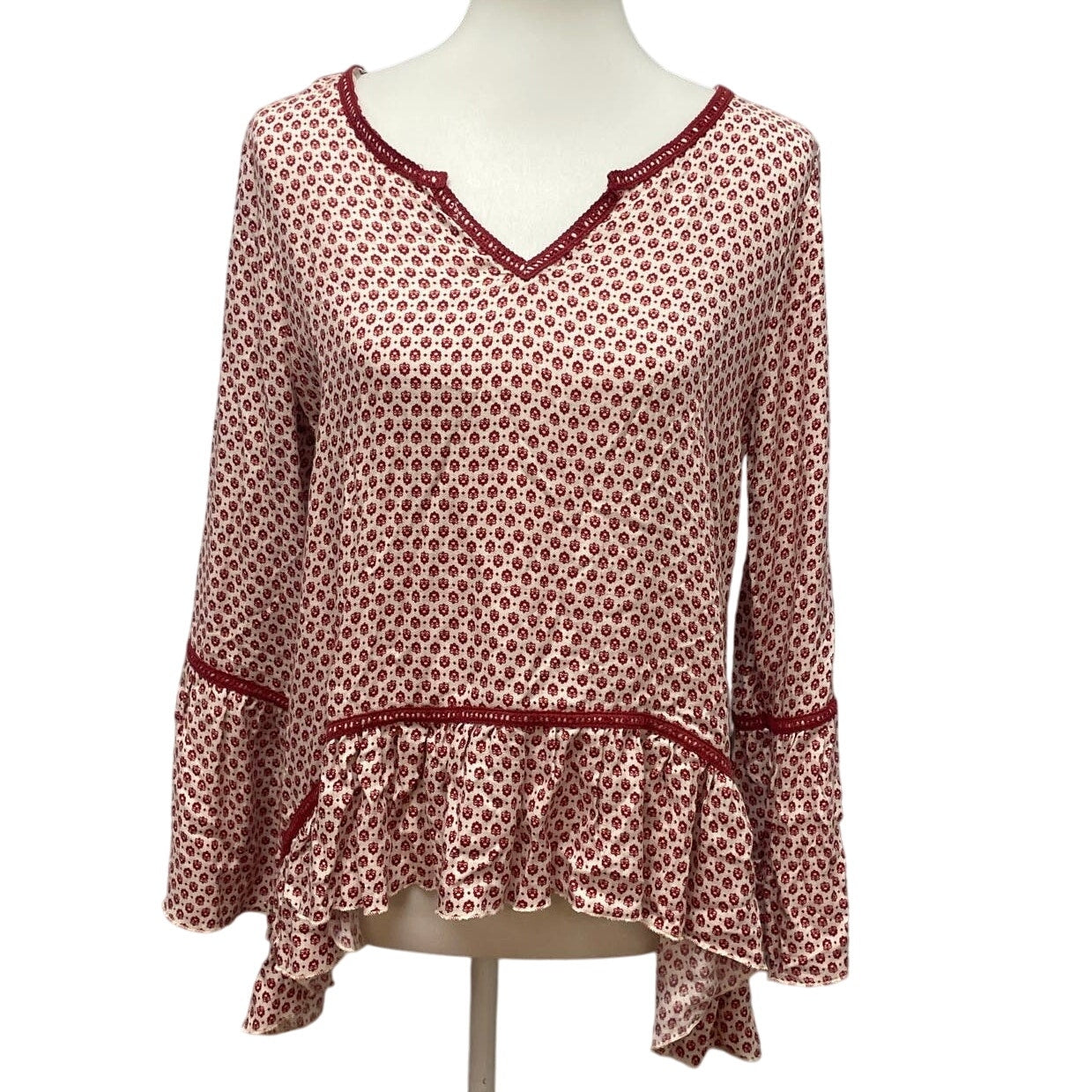 New RIley + James Womens Small Rayon Long Bell Sleeve Peasant V Neck Blouse