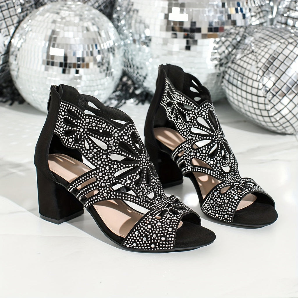 Elegant Formal  Black Floral Cut Out Heels Sandals