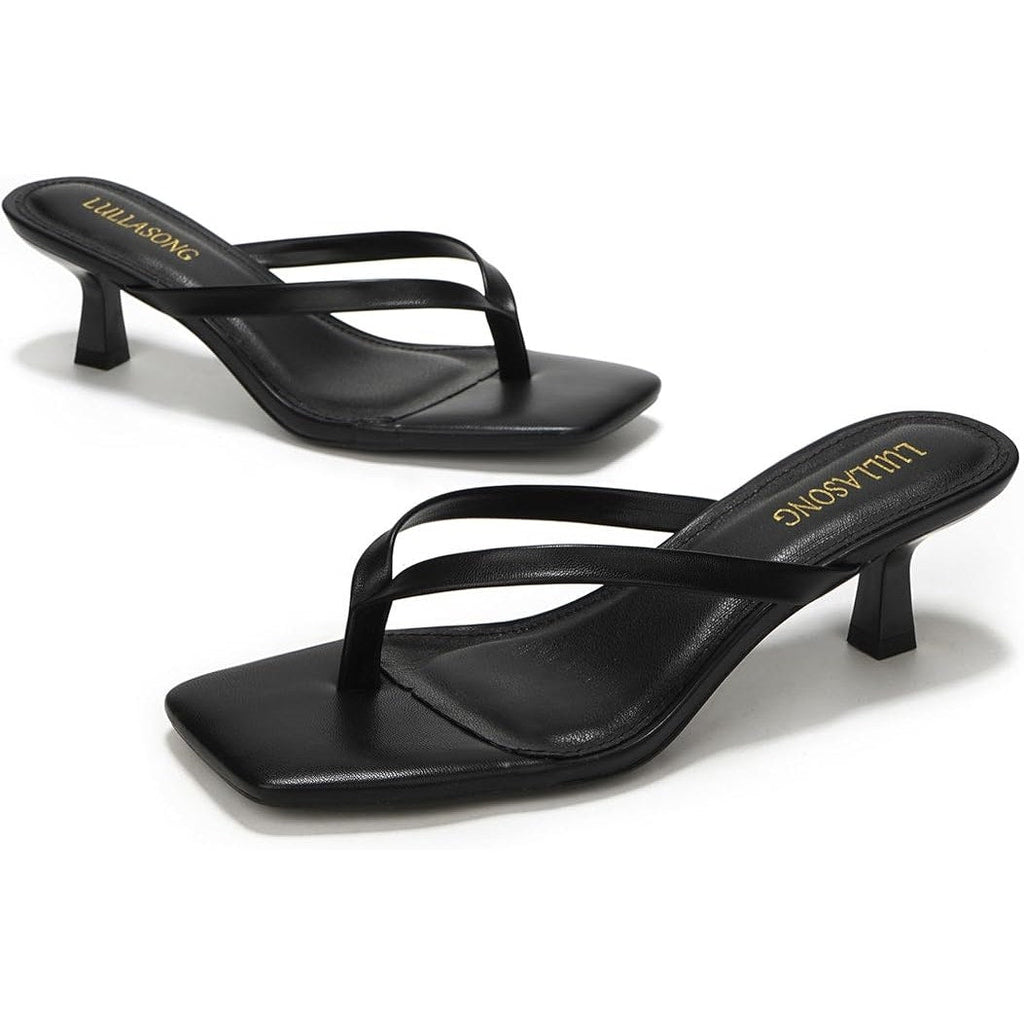 Lullasong Womens Size 6 Black 2" Kitten Heels Open Square Toe Slip On Shoes