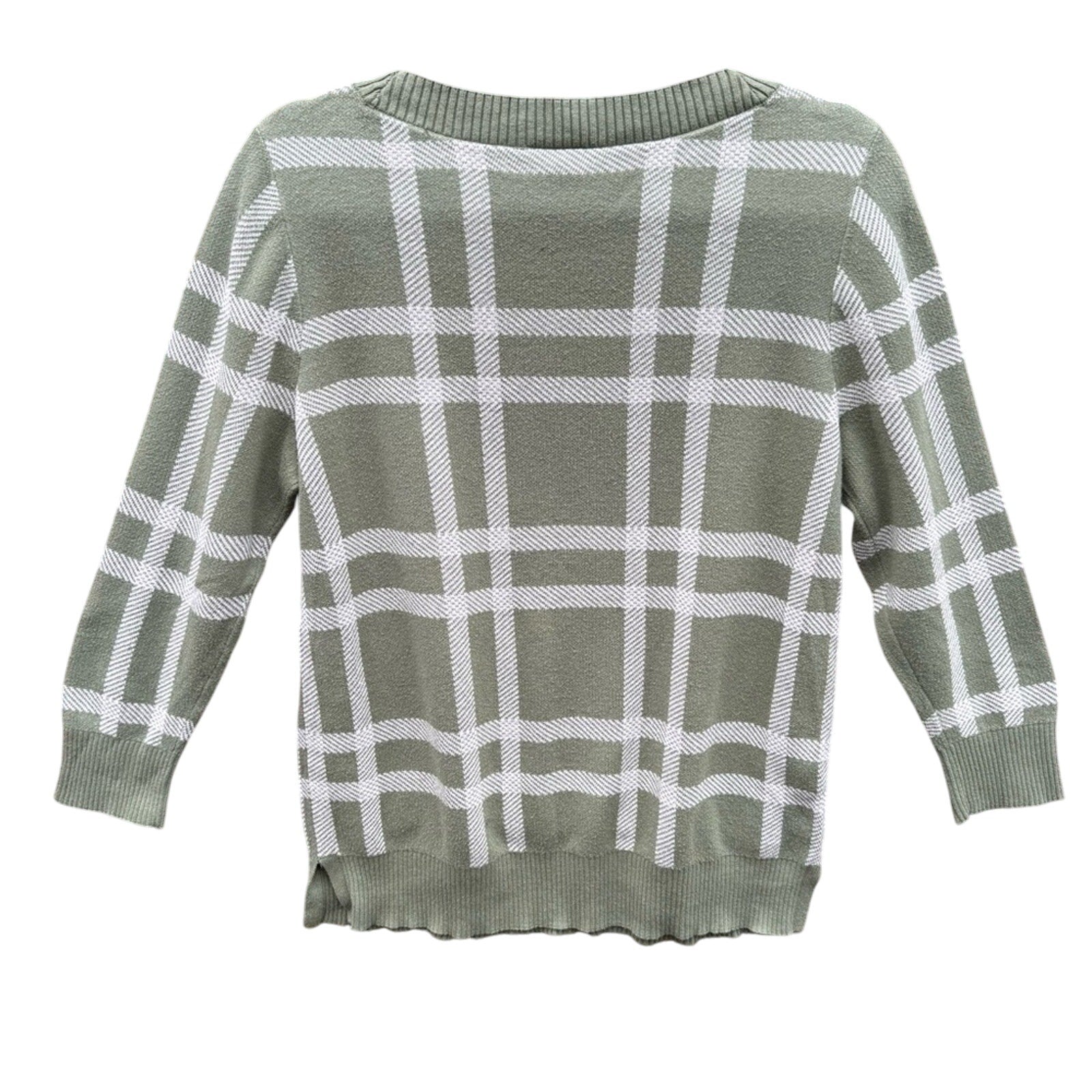 Loft Outlet Womens Large 100% Cotton Plaid 3/4 Sleeve Crew Neck Knit Sweater