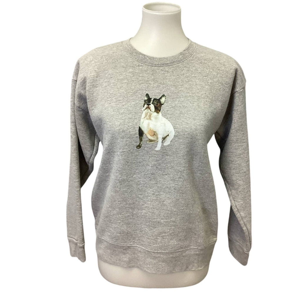 Hand Printed Upcycled Youth XL Upcycled Boston Terrier Dog Crew Neck Sweatshirt