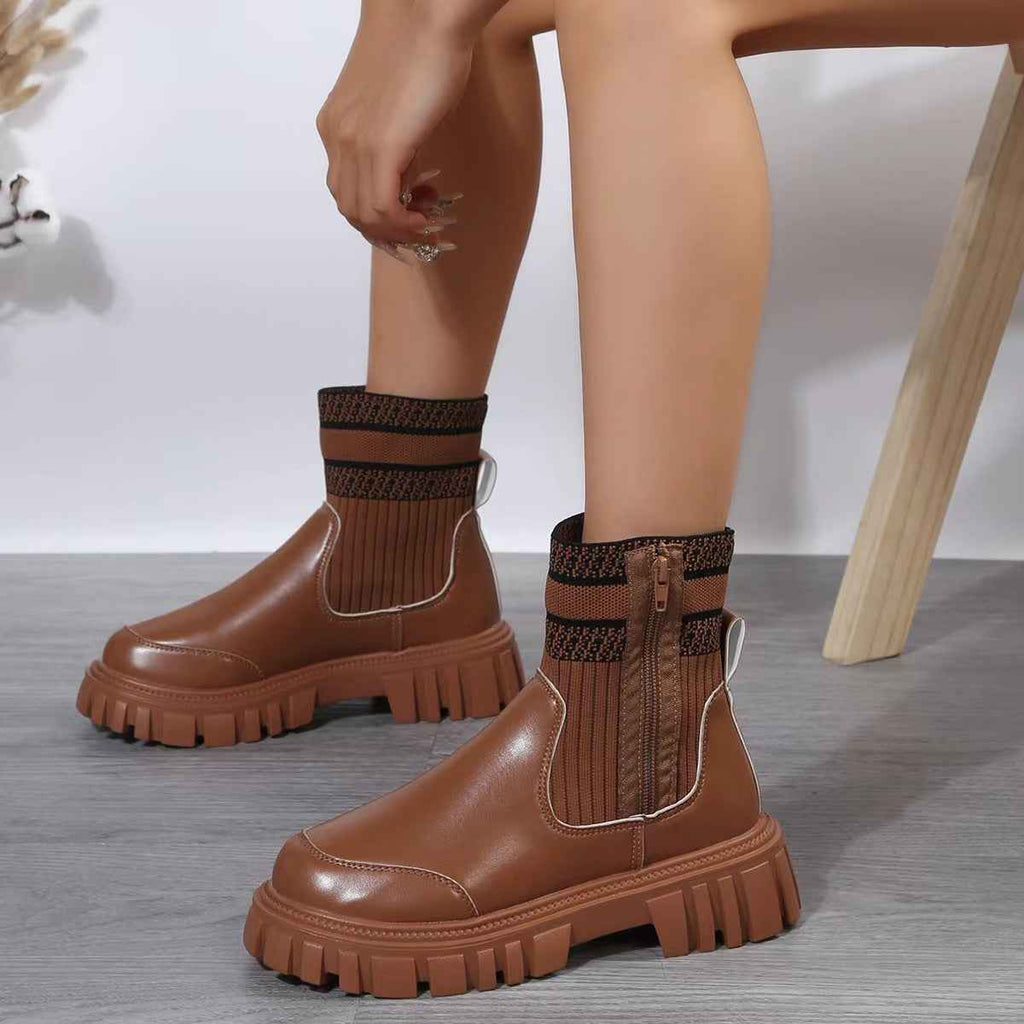 Women's Knitted Mid-Calf Boots | Side Zipper | Non-Slip Rubber Sole | Beige Black Brown