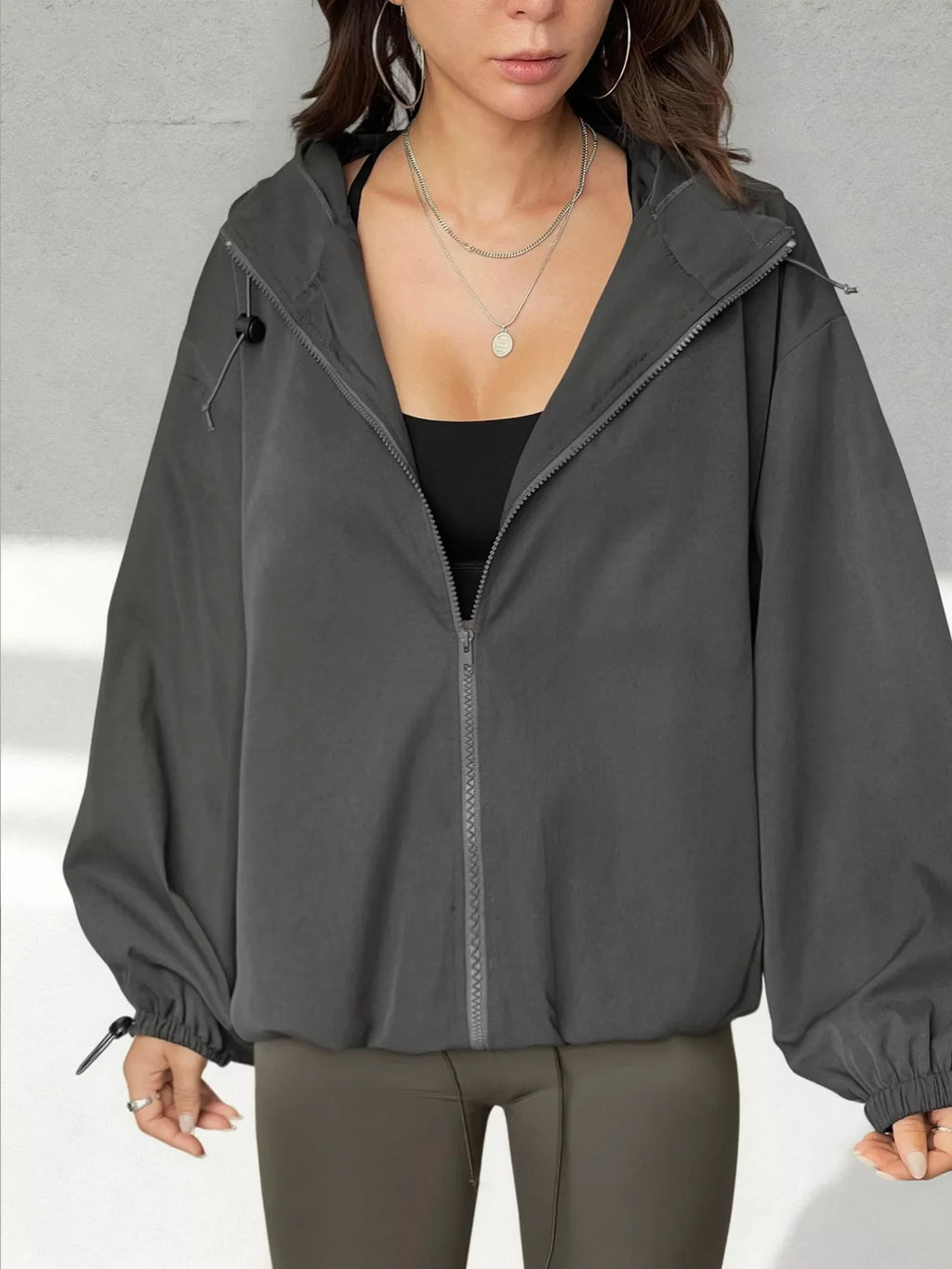 Drawstring Zip Up Hooded Jacket