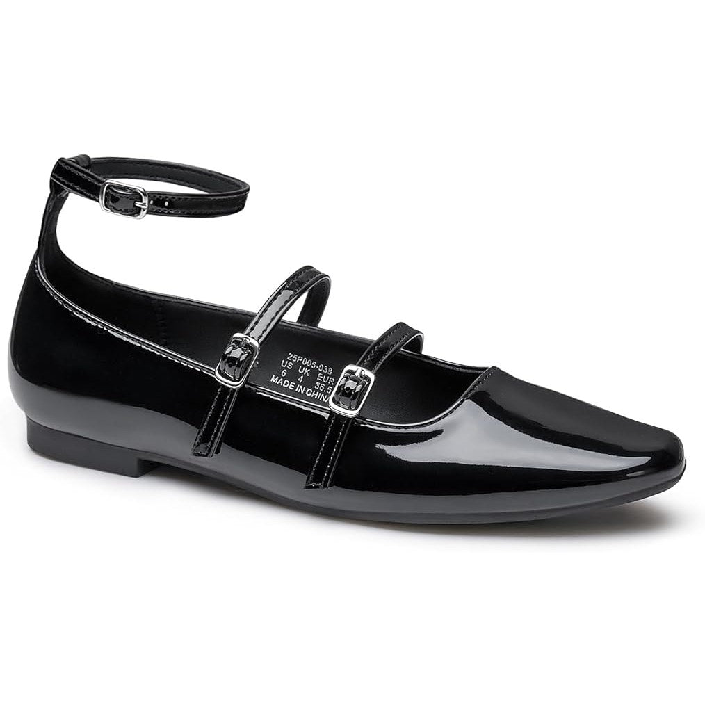Trary Womens Size 6.5 Black Flats Closed Square Toe Ankle Buckle Straps Shoes
