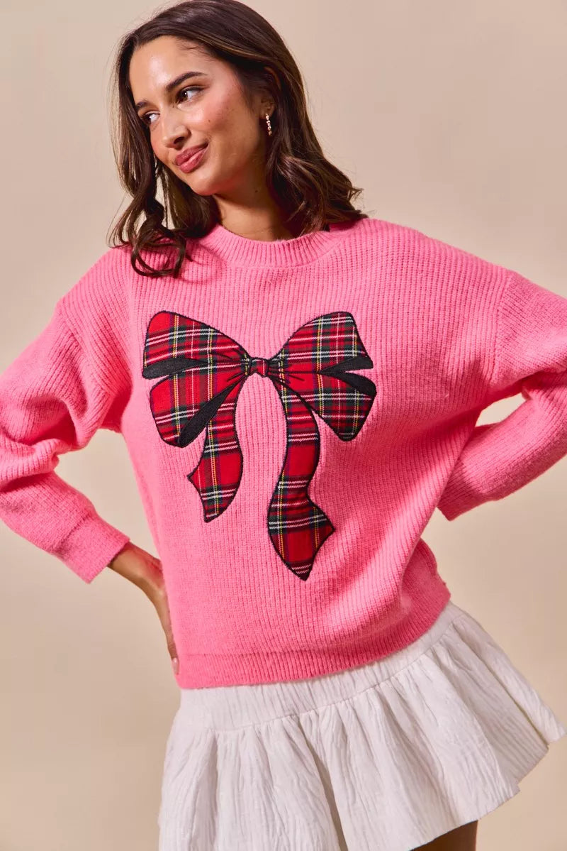 SO ME Checker Plaid Ribbon Christmas Holiday Sweater