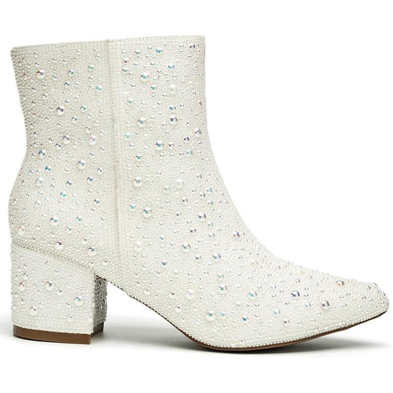 New Yayone Womens 9.5 White Sparkle Pearl Size Zip 2.5"Block Heel Ankle Boots