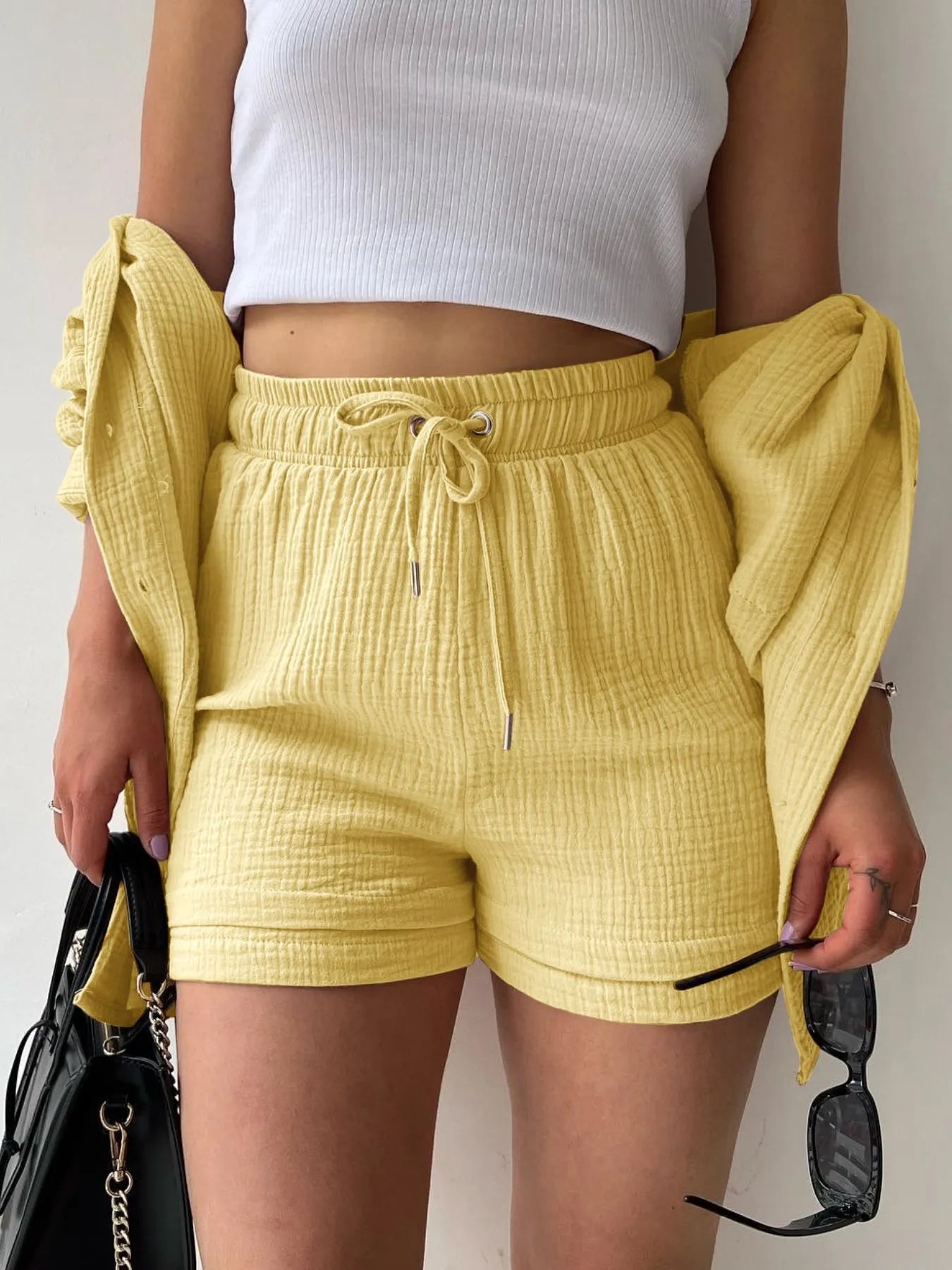 Textured Button Up Shirt and Shorts Set