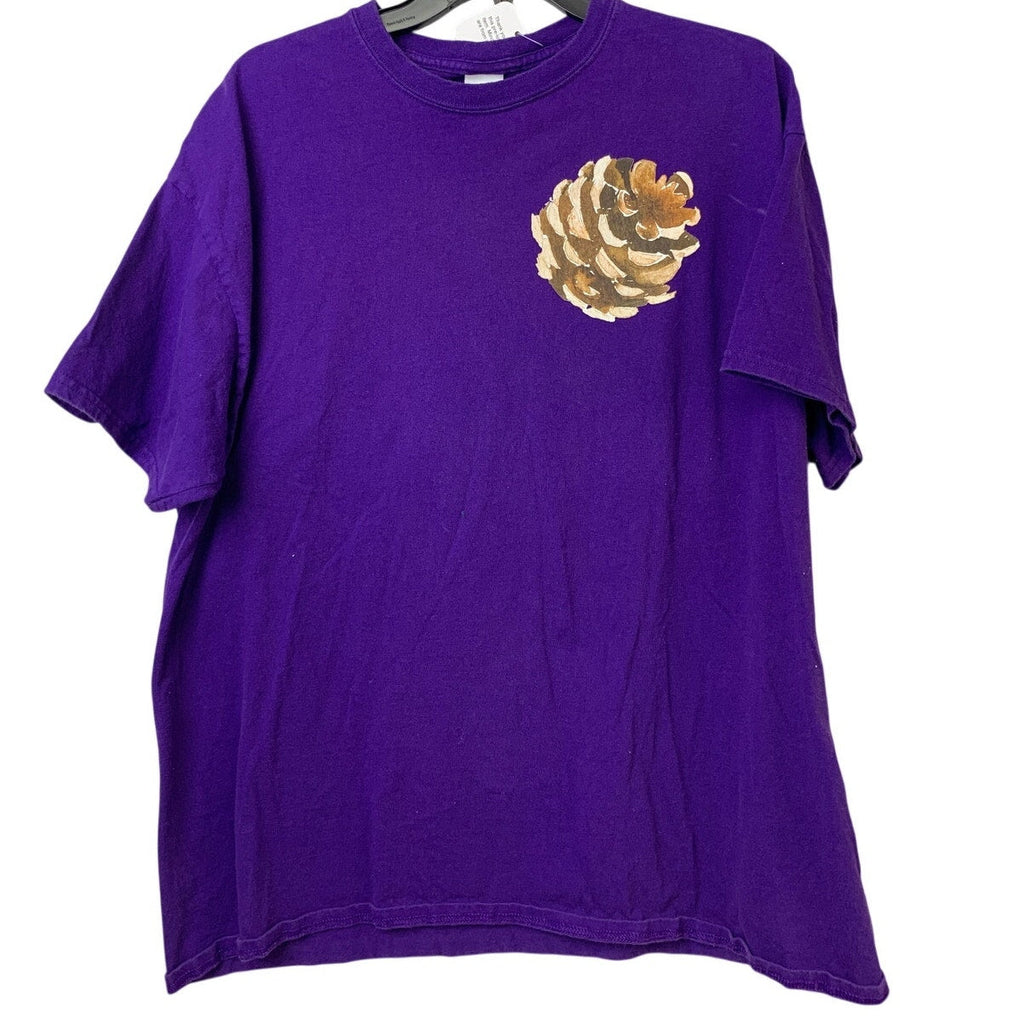 Upcycled Hand Printed Mens XL Purple Pine Cone Cotton Crew Neck Tee Shirt