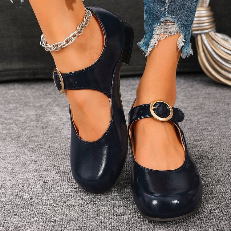 Women's Patent Leather Low Heel Pumps - Classic Round Toe Slip-On Shoes