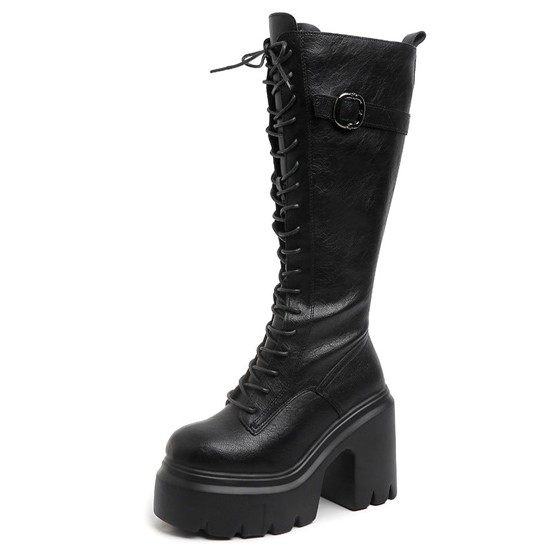 Women's Lace-Up Over-the-Knee Boots - High Heel Chunky Heel Round Toe Side Zipper
