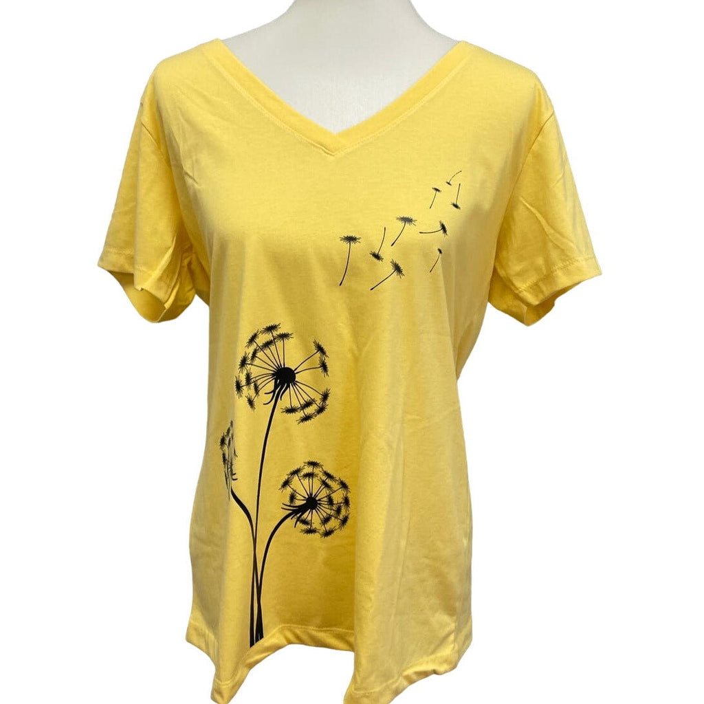 New Hand Printed Dandelion Womens XL Cotton Blend Short Sleeve VNeck Tee