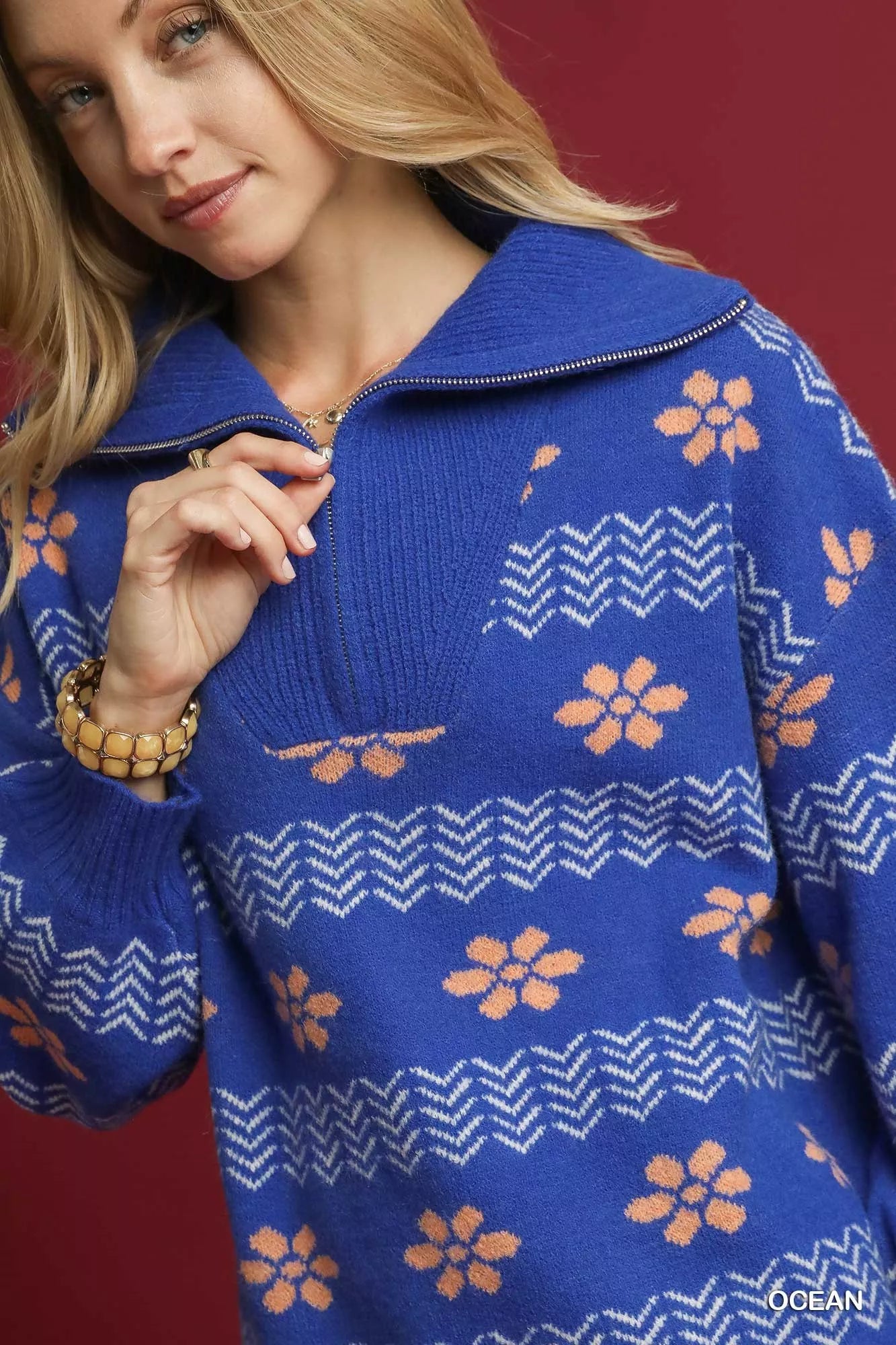 Umgee Floral Patterned Jacquard Quarter-Zip Pullover Sweater