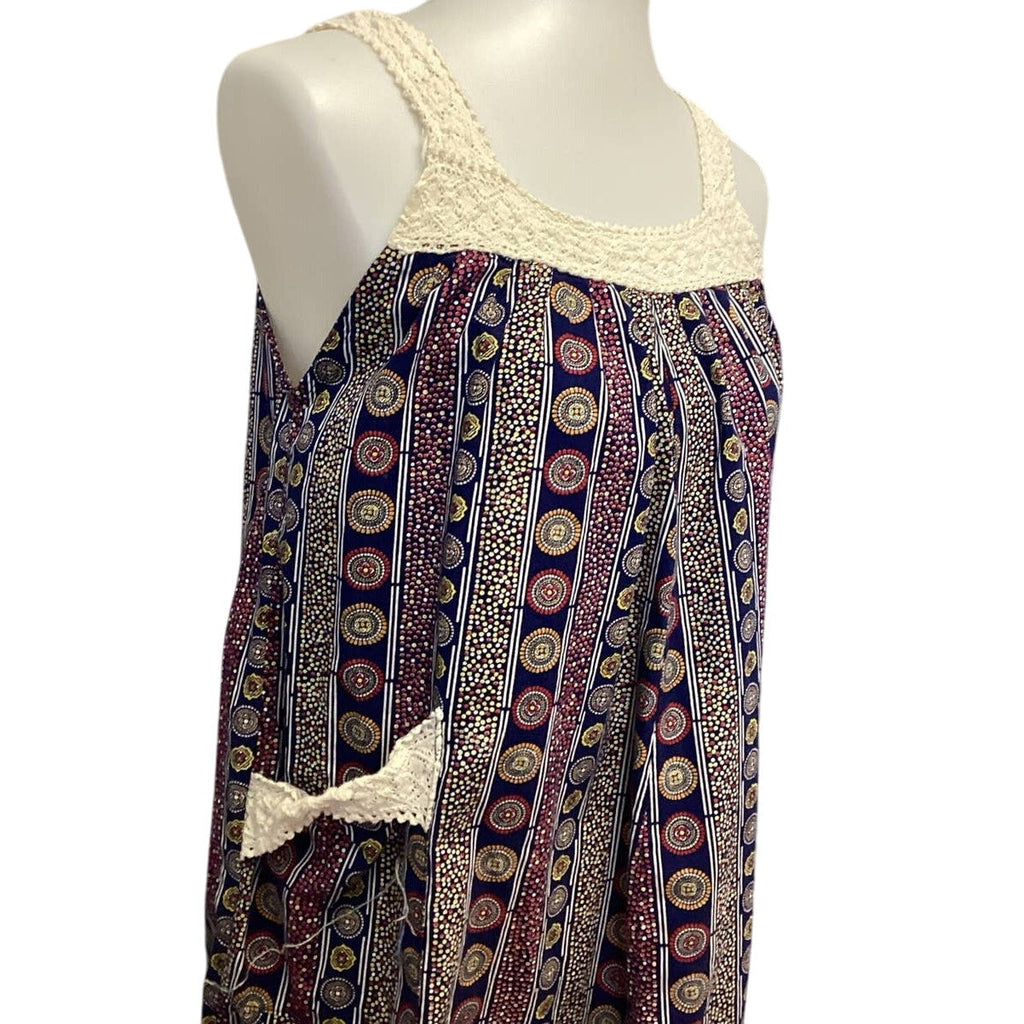 J Mang's XL Cotton Lace Trim Sleeveless Boho Print Made In Philippines Dress