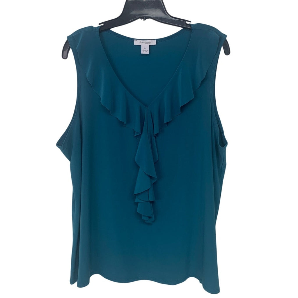 DressBarn Womens 2X Deep Teal PolySpandex Sleeveless V Neck Ruffled Blouse