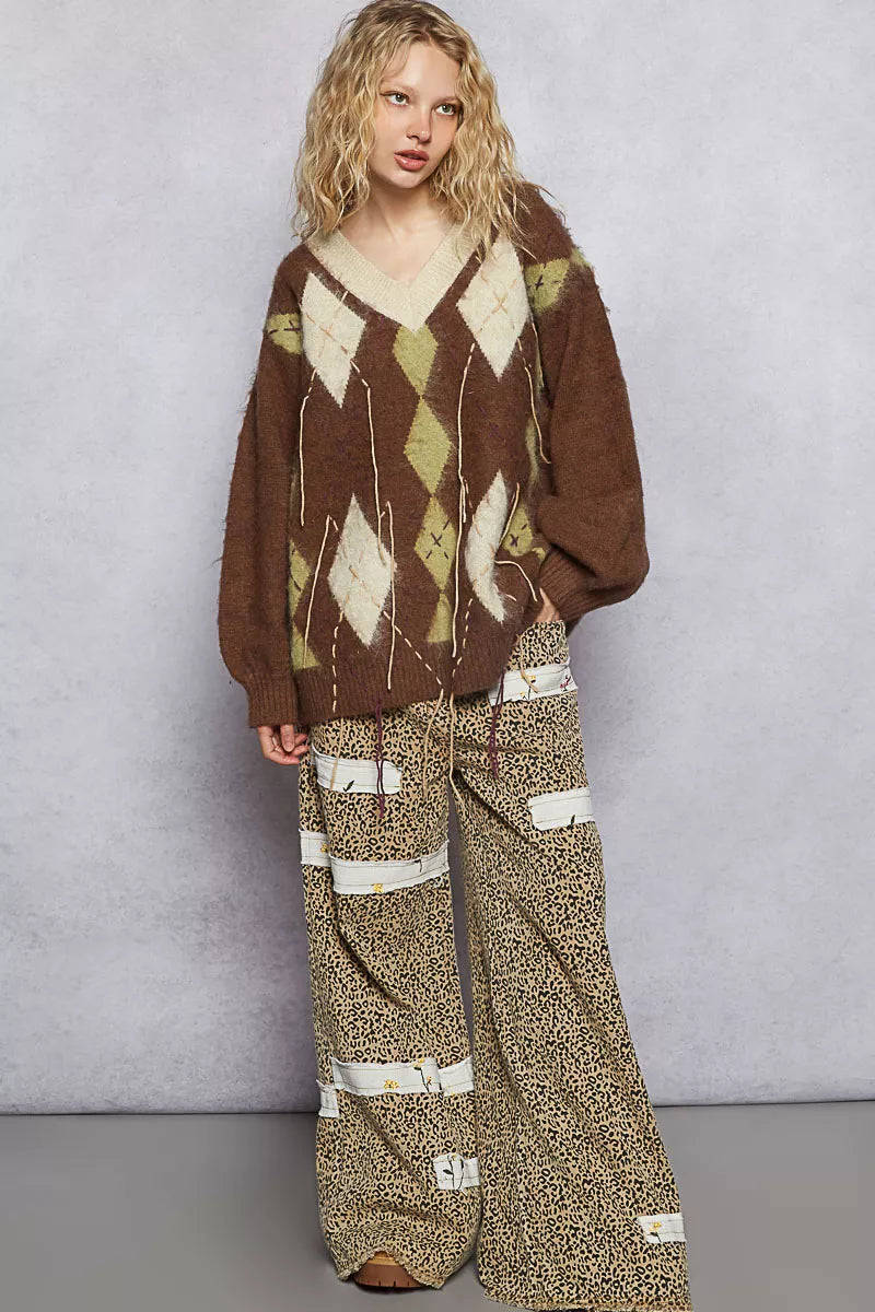 POL V-Neck Argyle Pattern Mohair Sweater with Contrast Exposed Stitch Detail