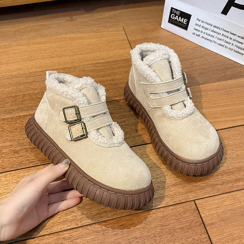 Women's Fleece Lined Snow Boots | Buckle Ankle Boots with Thick Sole | Beige & Brown
