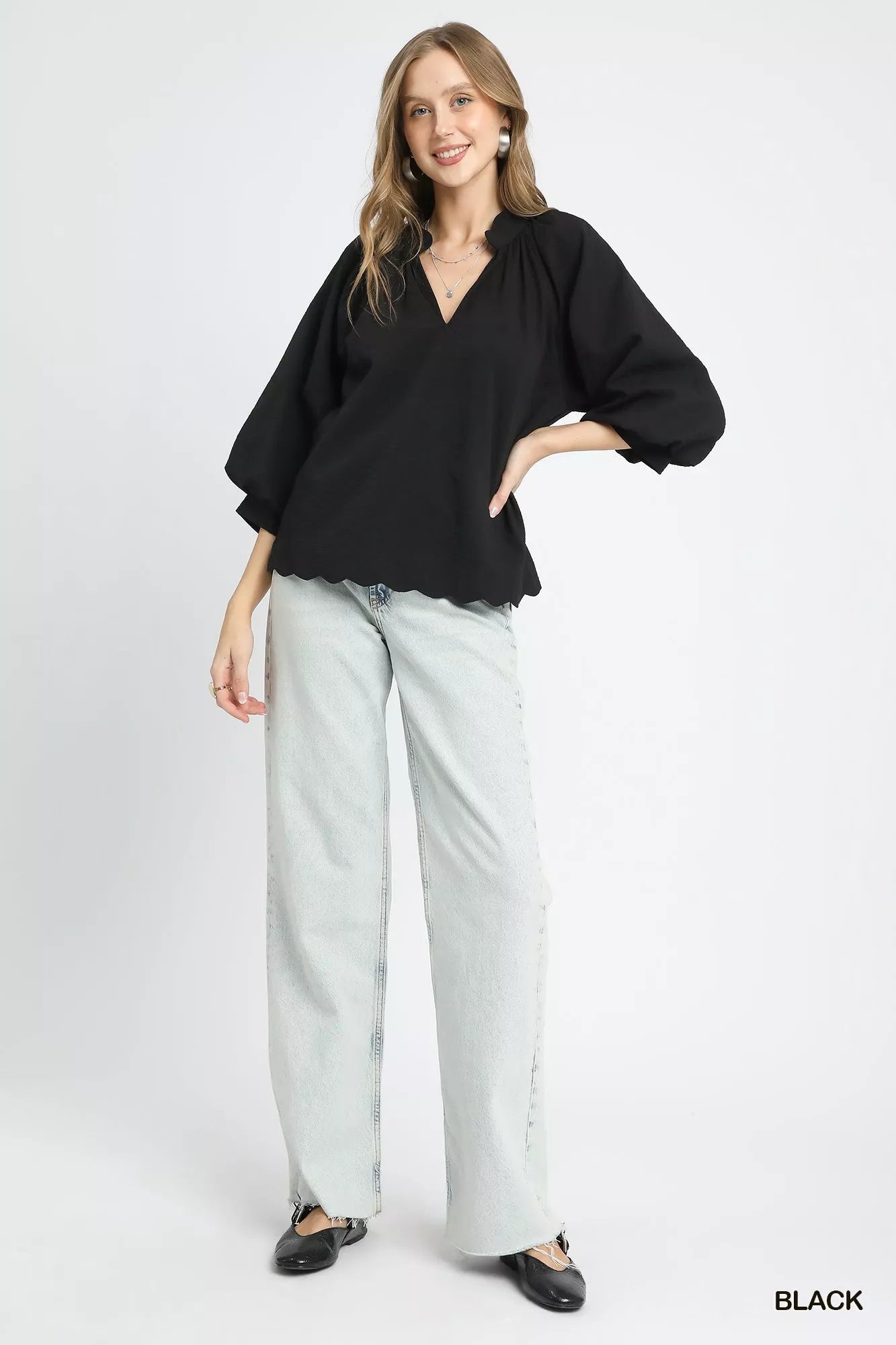 Umgee Full Size Textured Notched Balloon Sleeve Blouse Plus Size