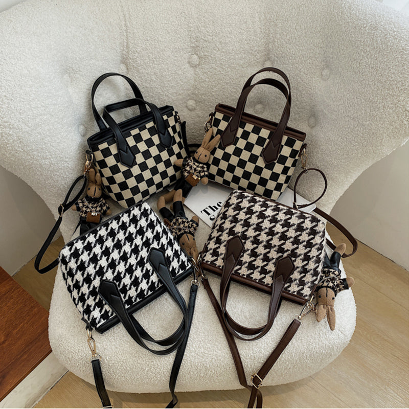 Women's Houndstooth Shoulder Bag | Checkered Wool Crossbody Handbag & Messenger Tote