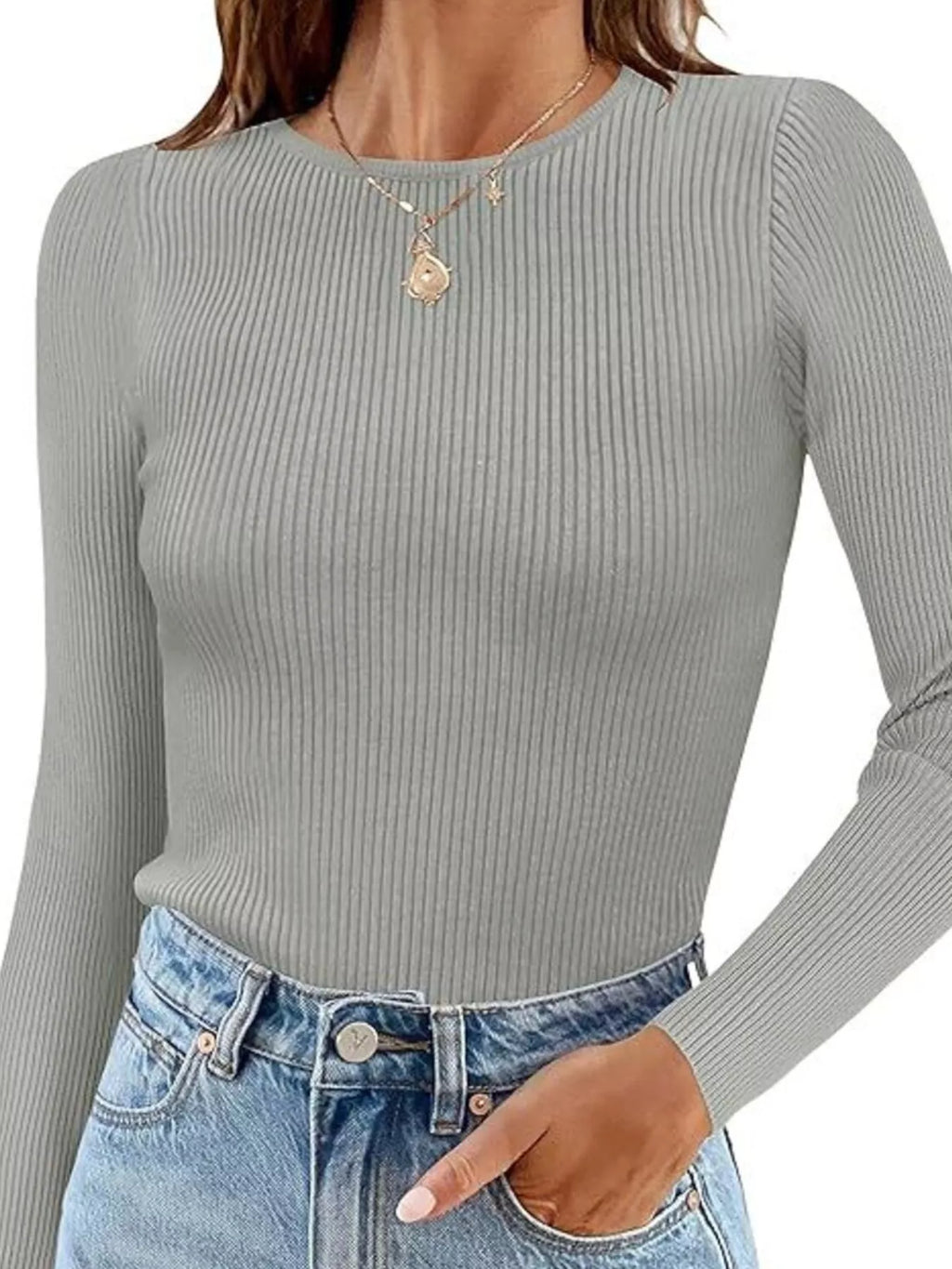 Ribbed Knit Slim Fit Long Sleeve T-Shirt
