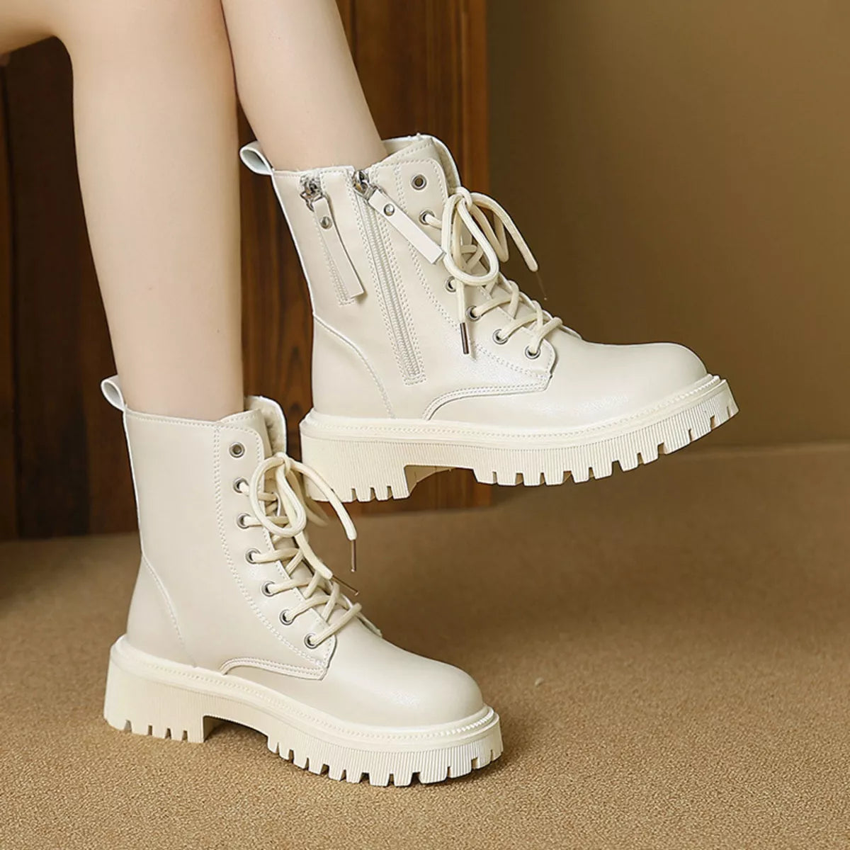 Women's Lace-Up Ankle Combat Boots – Mid Heel PU Leather