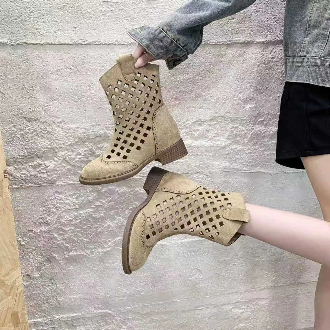 Hollowed-Out Mesh Mid-Calf Boots