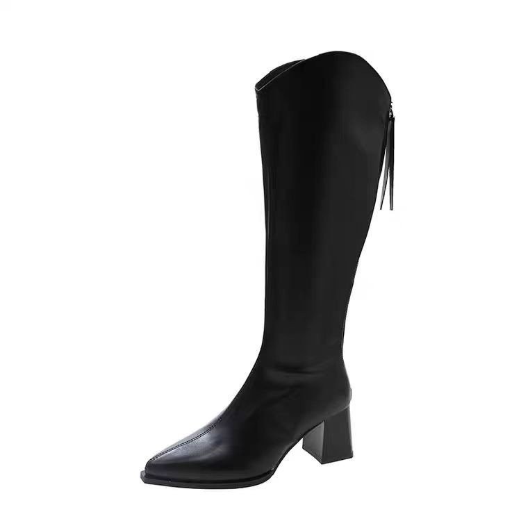 Women's Chunky Heel Pointed Toe Mid-Calf Boots - Fashion Winter Boots with Back Zipper