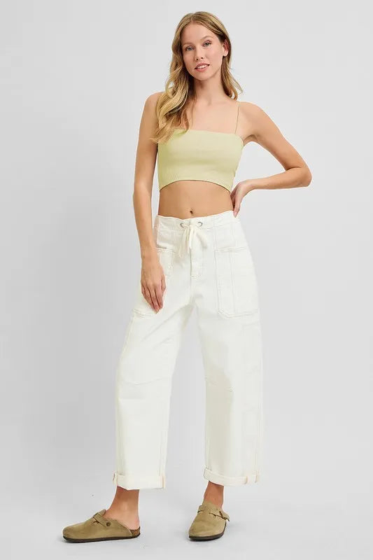 RISEN Full Size High Rise Crop Wide Barrel Cargo Pocket Jeans Plus Size