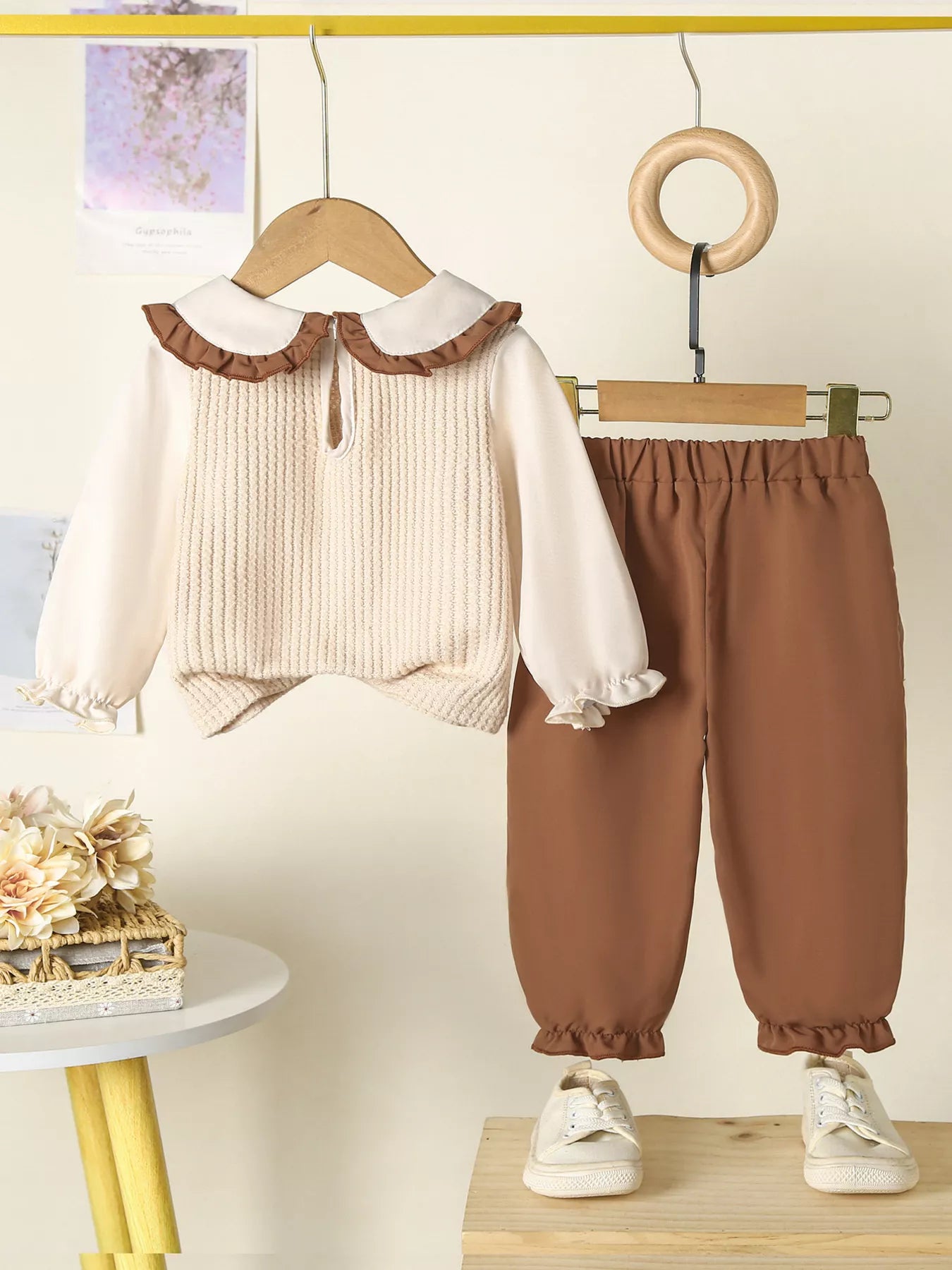 Children's Floral Applique Ruffle Trim Top and Pants Set
