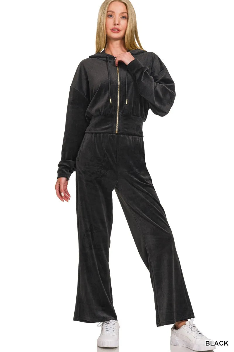 Zenana Velvet Zip Up Hoodie and Pants Set