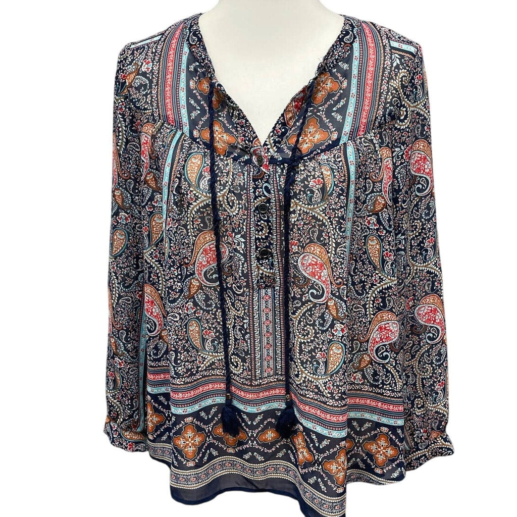 DR2 Small Long Sleeve Sheer Boho Paisley Front Tie Floral Polyester Top Blouse