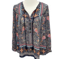 DR2 Small Long Sleeve Sheer Boho Paisley Front Tie Floral Polyester Top Blouse