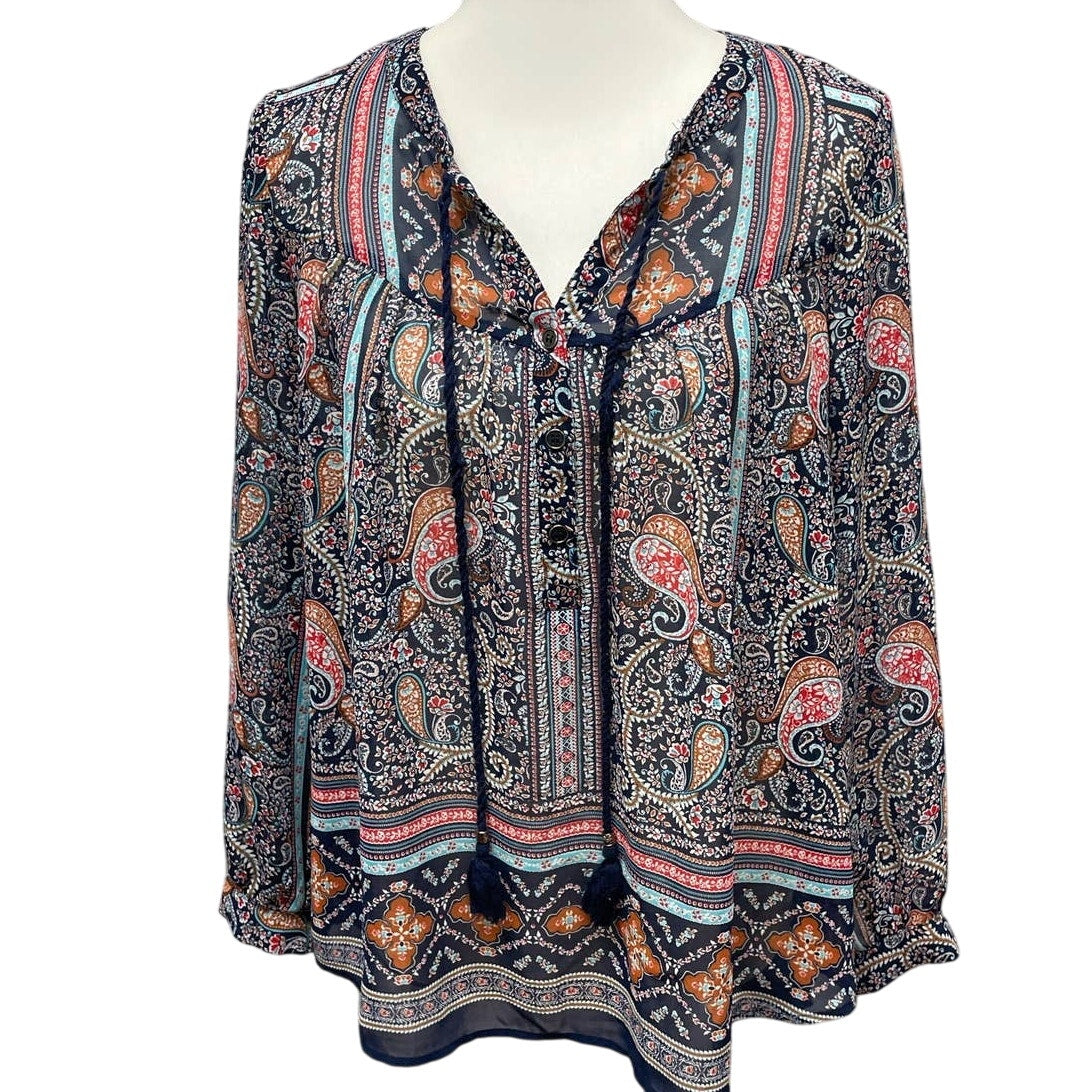 DR2 Small Long Sleeve Sheer Boho Paisley Front Tie Floral Polyester Top Blouse