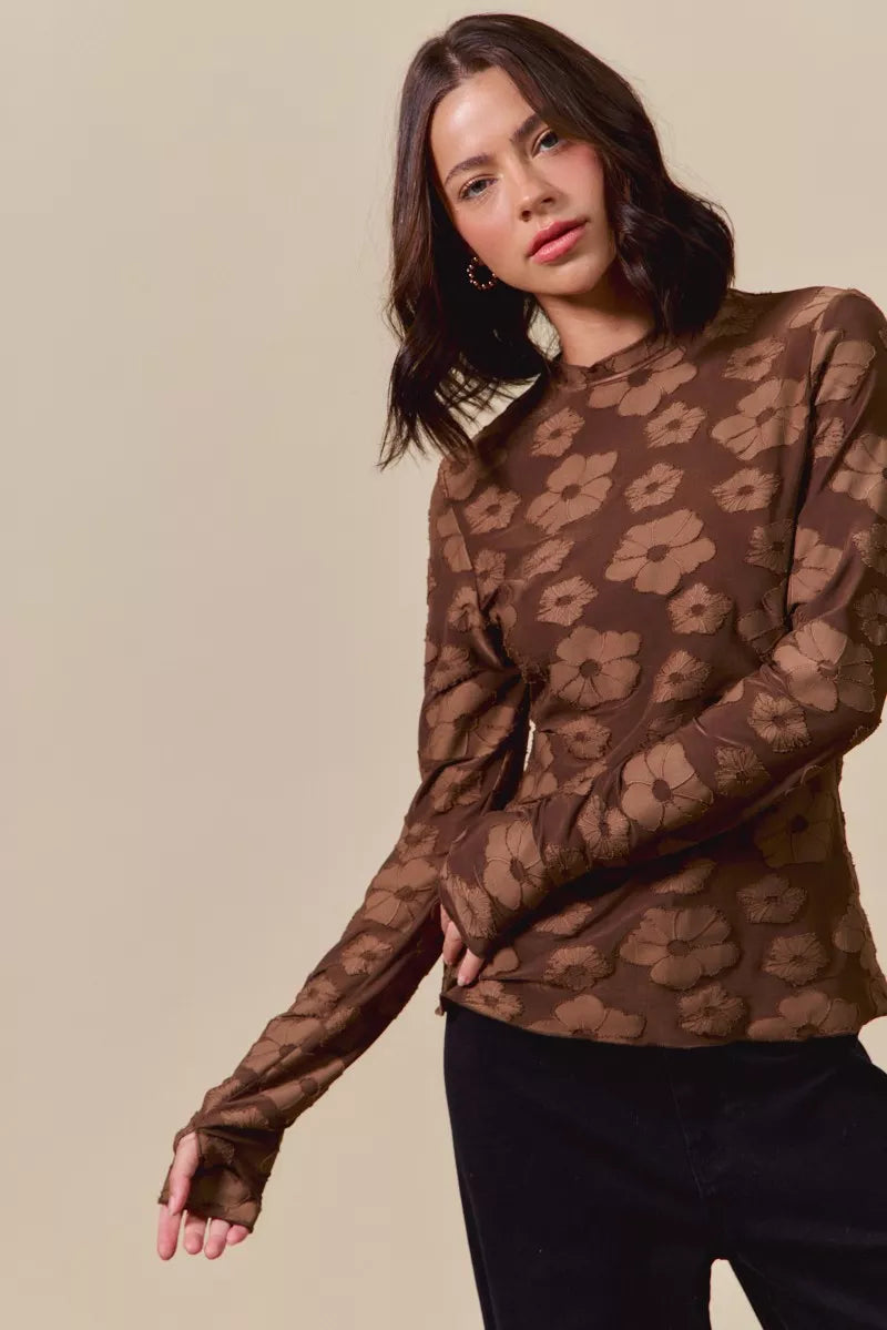 SO ME Stretched Jacquard Casual Tops with Thumb Opening