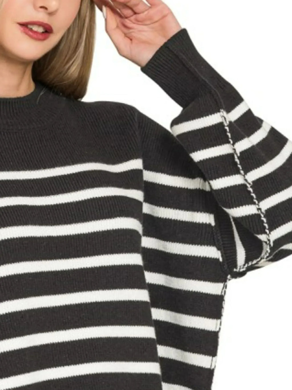 Zenana Exposed Seam Striped Oversized Sweater