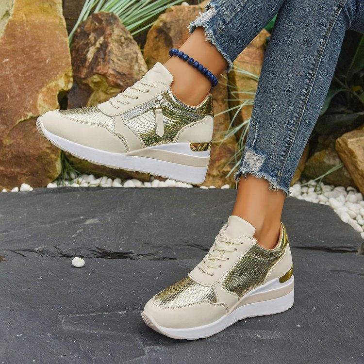 Women's Wedge Sole Height Increasing Casual Sneakers | Gold & Silver Platform Shoes