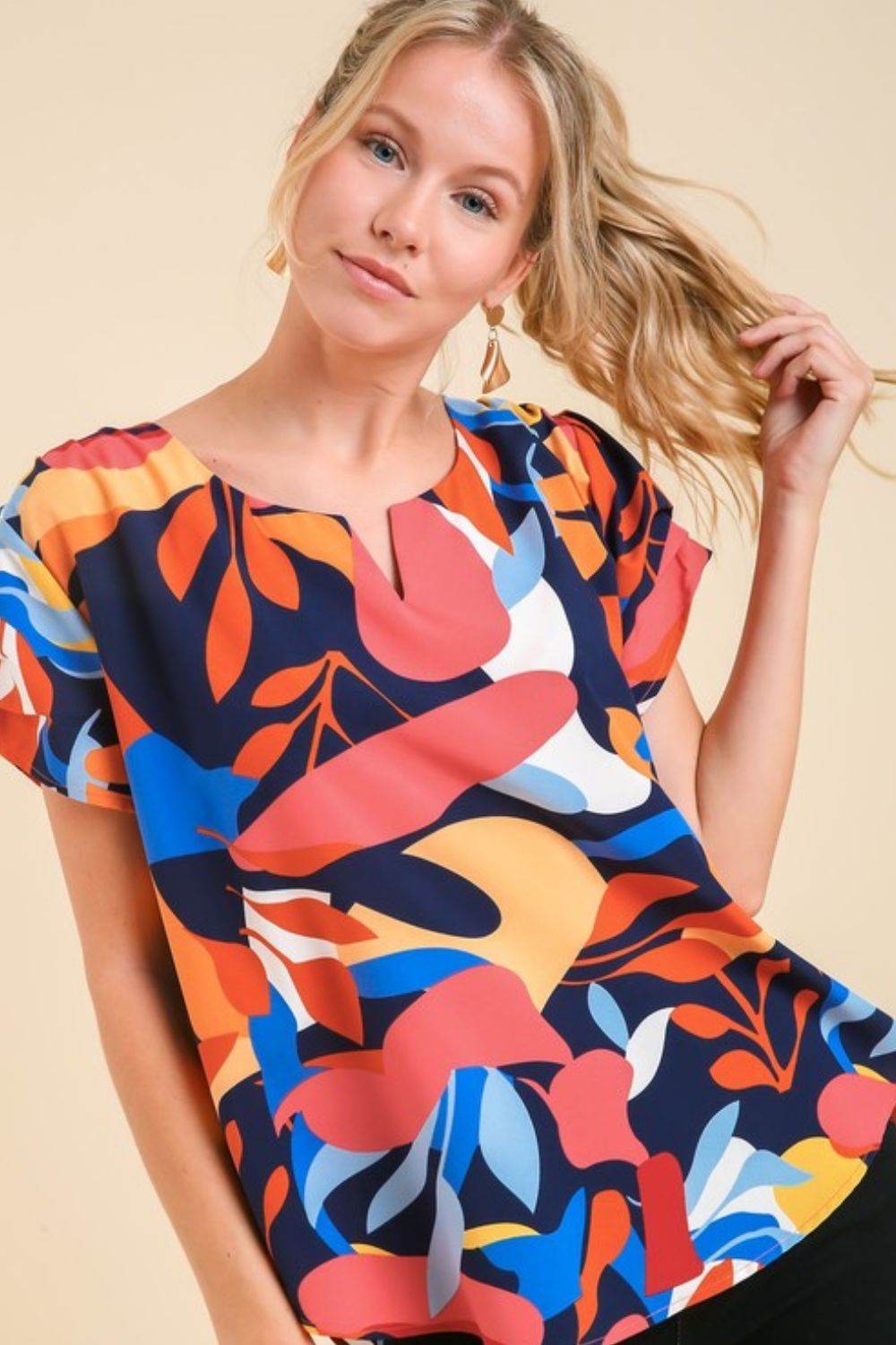 Umgee Full Size Short Sleeved Abstract Print Top Plus Size